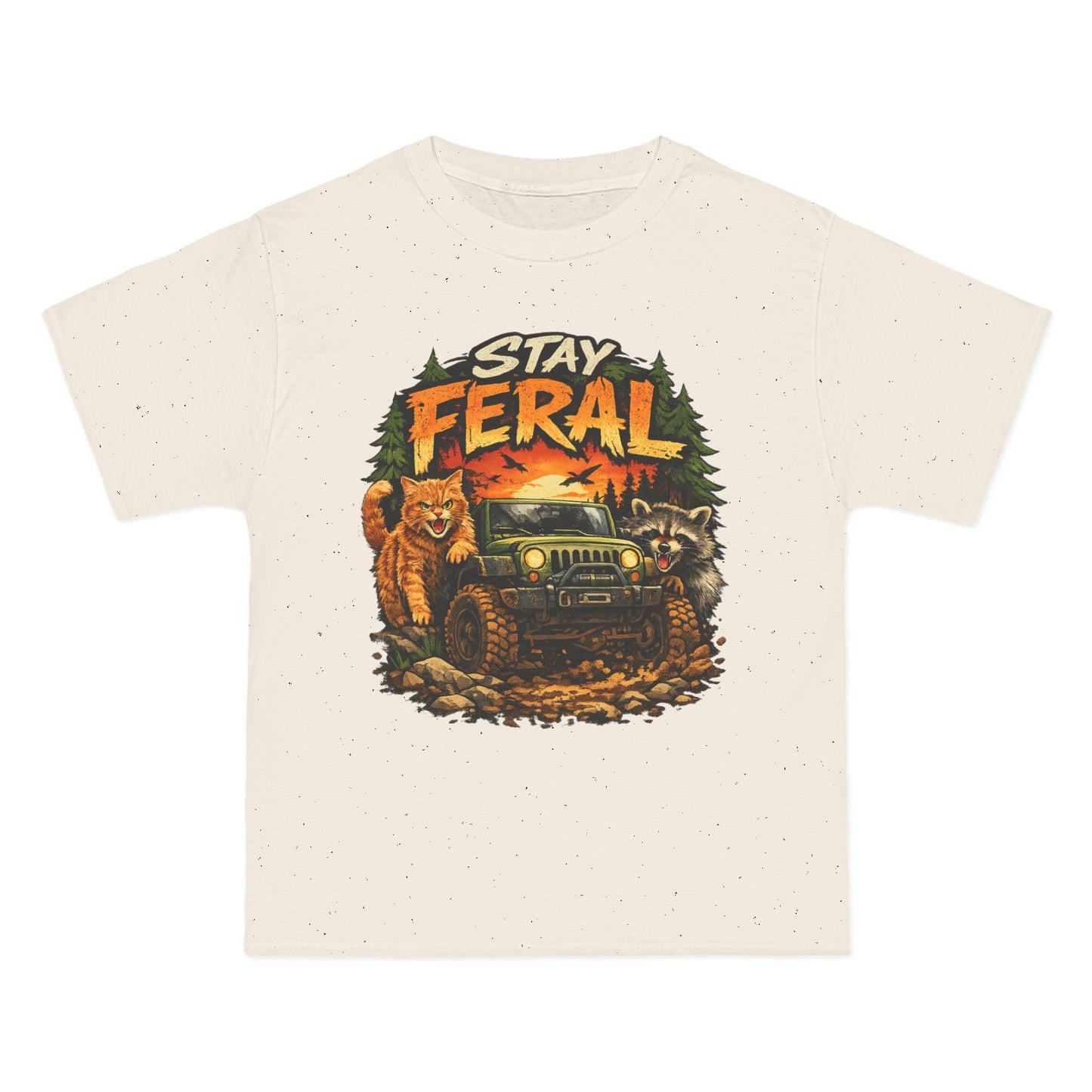 Stay Feral cat, raccoon and 4x4 T-Shirt | Outdoor Adventure Graphic Tee, humorous wildlife off-road tee