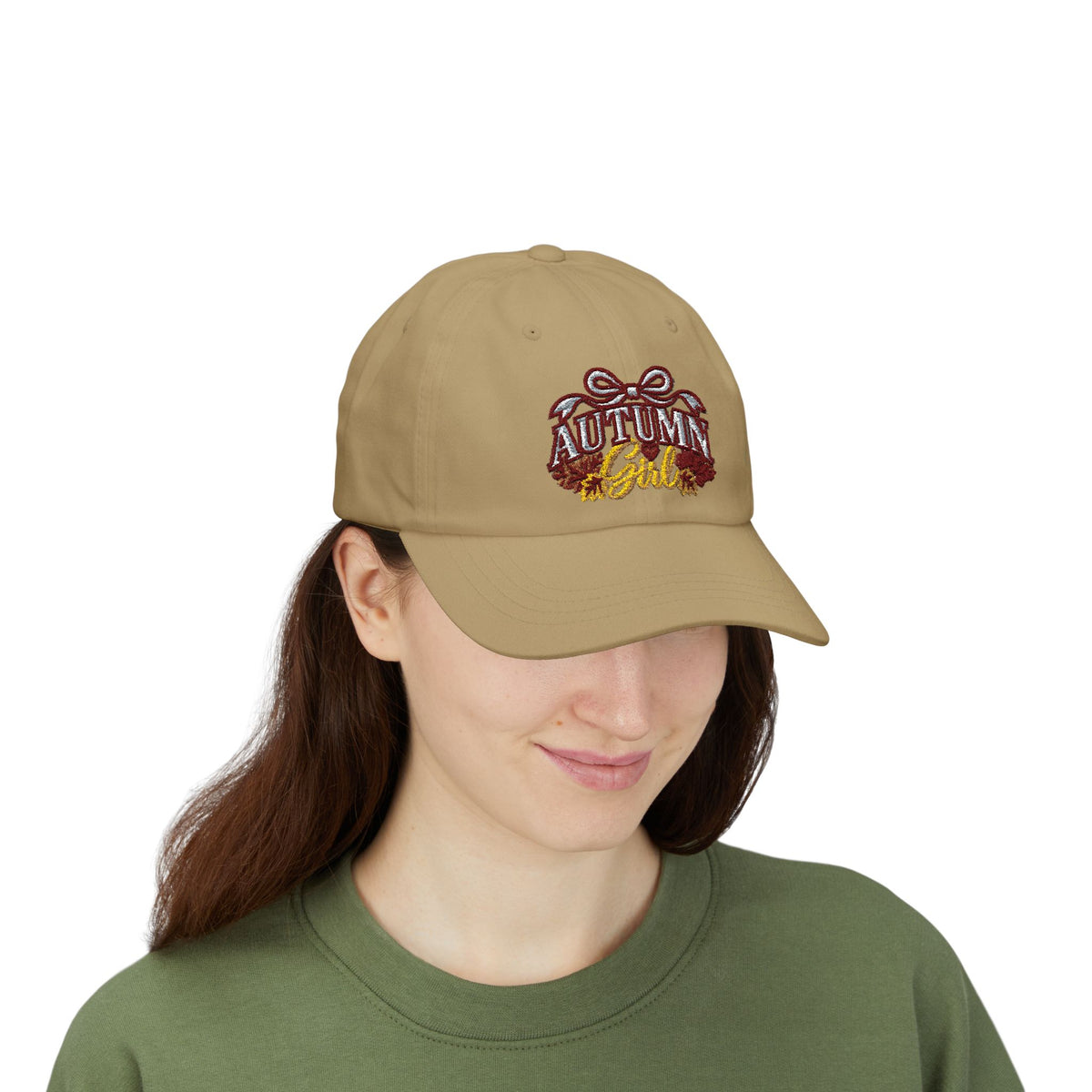 Autumn Girl embroidered design Classic Cap | fall leaves, ribbon