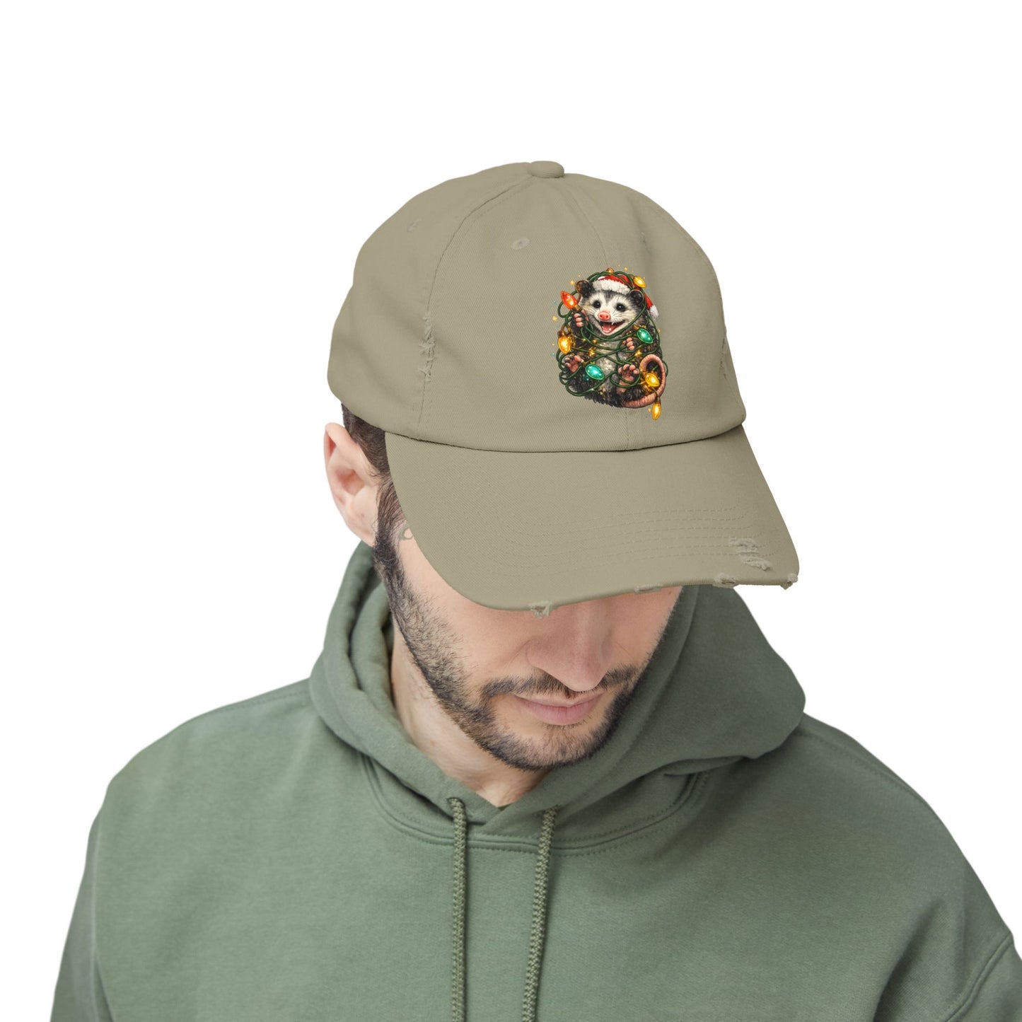 Christmas Opossum Distressed Cap — Cute Opossum Wrapped in Holiday Lights