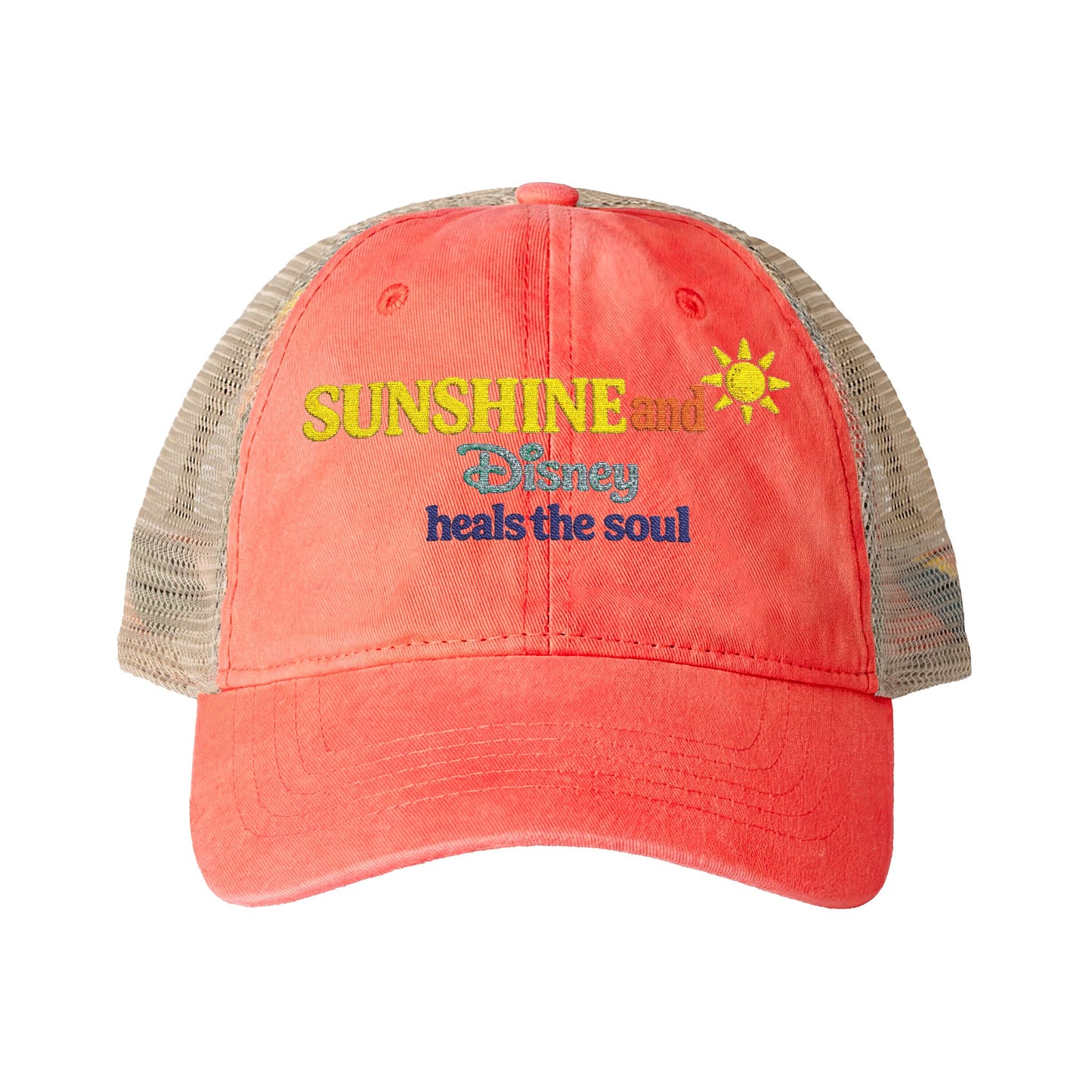 Women's Washed Mesh-Back Cap Embroidered Sunshine and Disney heals the soul solid print on front/pattern under visor