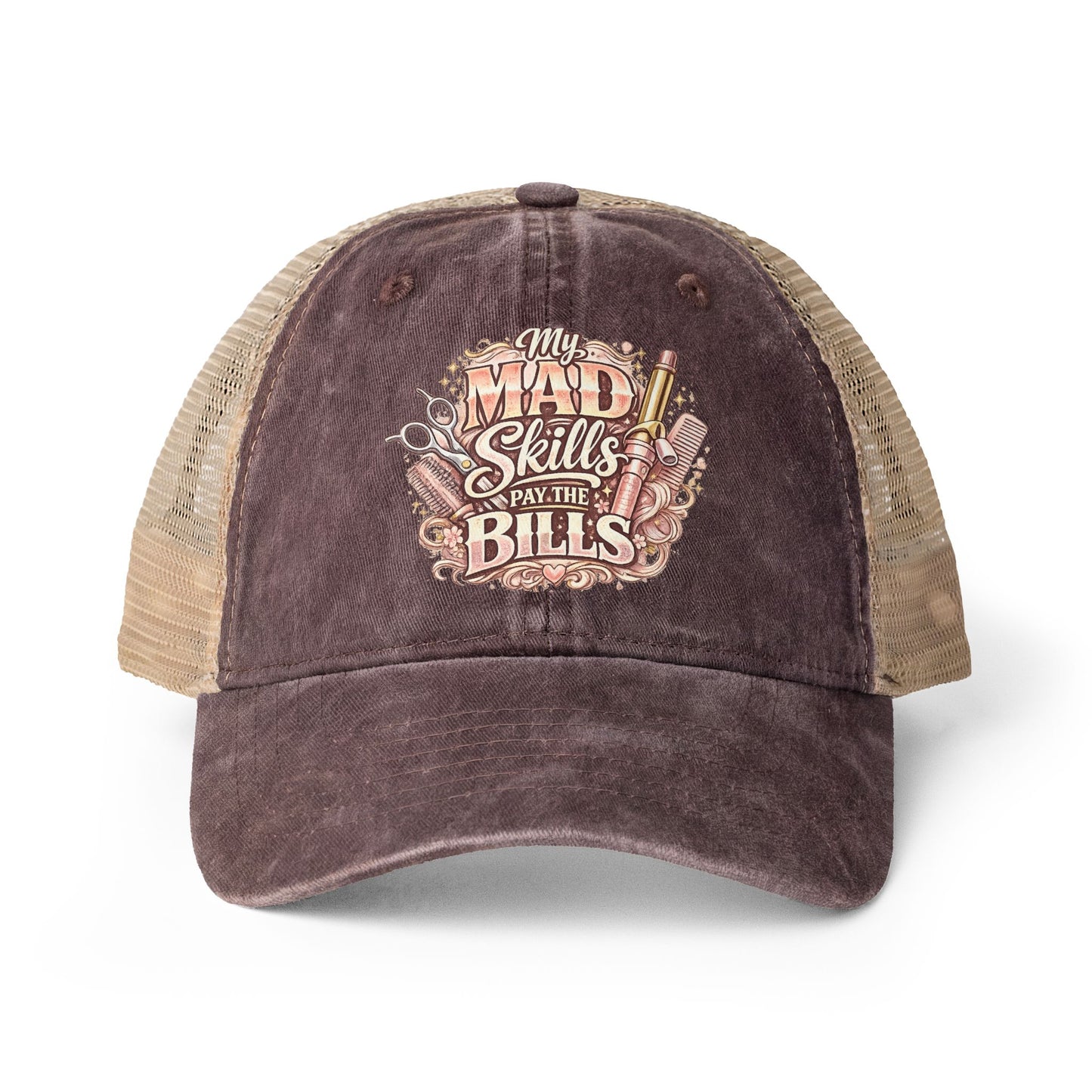 Mesh-Back Cap with surprise print under visor/ My Mad Skills Pay the Bills hairstylist