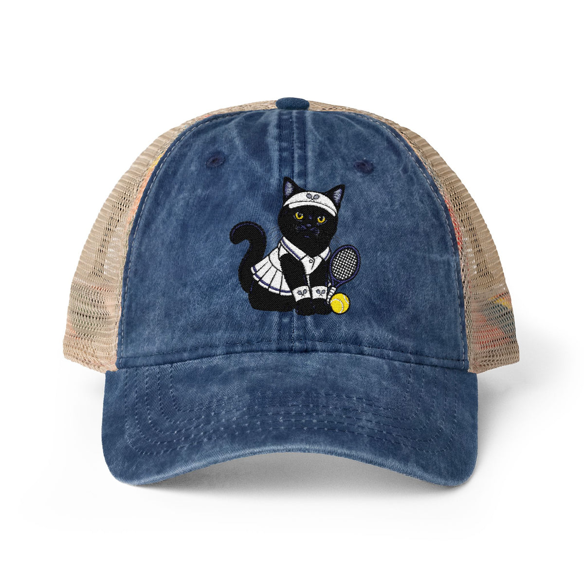 Black Cat Tennis Embroidered Women's Washed Mesh-Back Cap