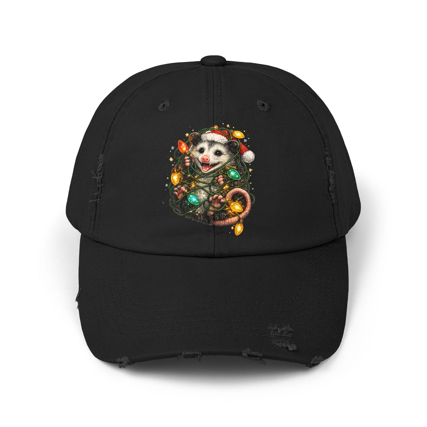 Christmas Opossum Distressed Cap — Cute Opossum Wrapped in Holiday Lights