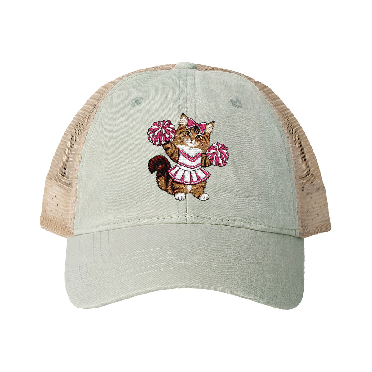 Cheerleader Cat Embroidered Women's Washed Mesh-Back Cap