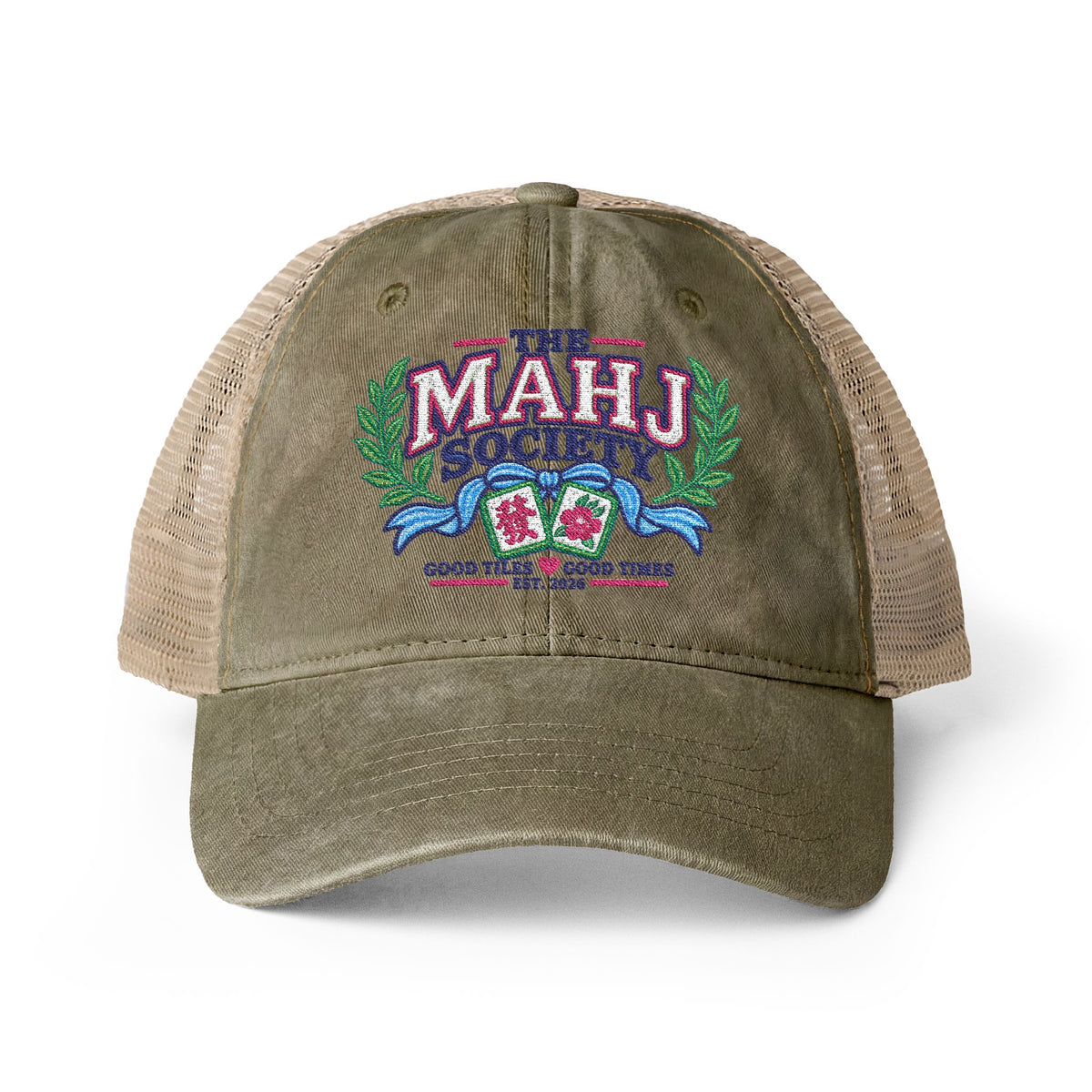 The MAHJ Society Embroidered Mah Jong Women's Washed Mesh-Back Cap