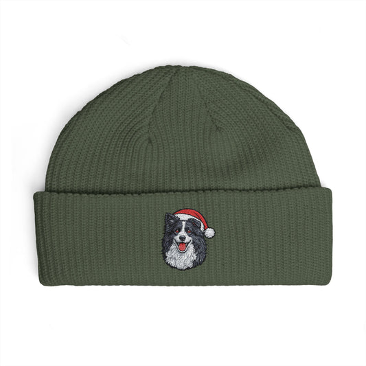 Cuffed Beanie — Embroidered Border Collie Dog in Santa Hat Winter cap