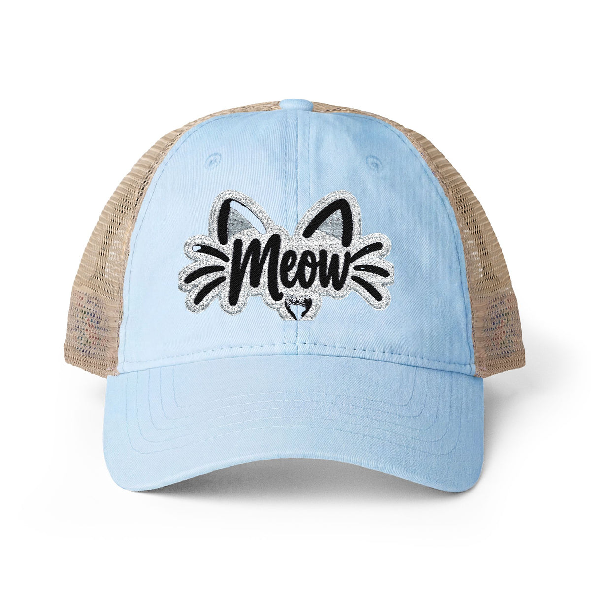 Meow Cat Embroidered Women's Washed Mesh-Back Cap