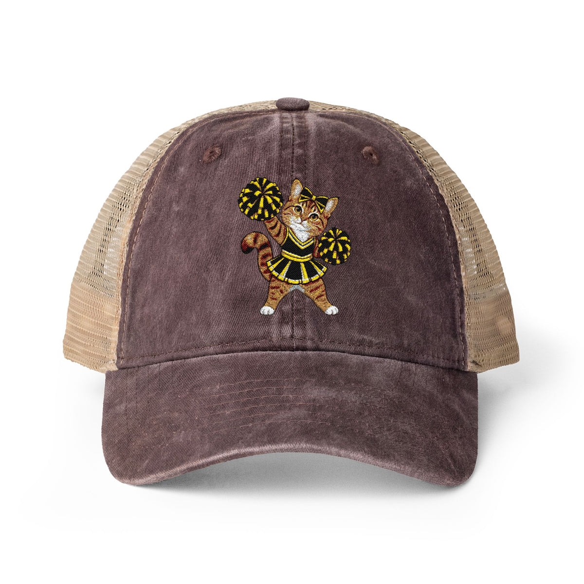 Orange Cheer Cat embroidered Women's Washed Mesh-Back Cap