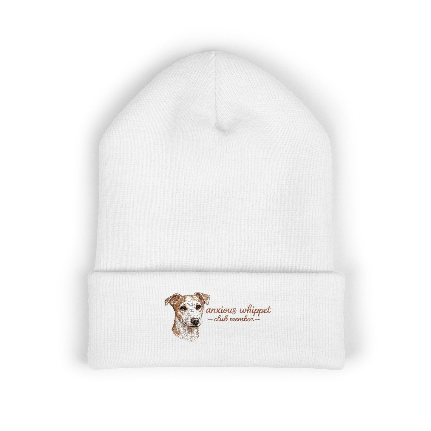 Anxious Whippet Embroidered Beanie | Cuffed Knit Hat