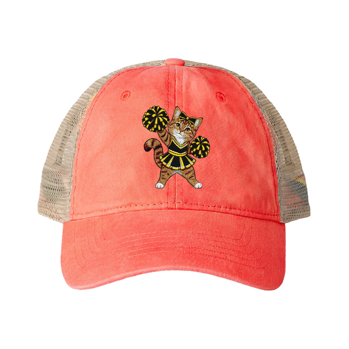 Orange Cheer Cat embroidered Women's Washed Mesh-Back Cap