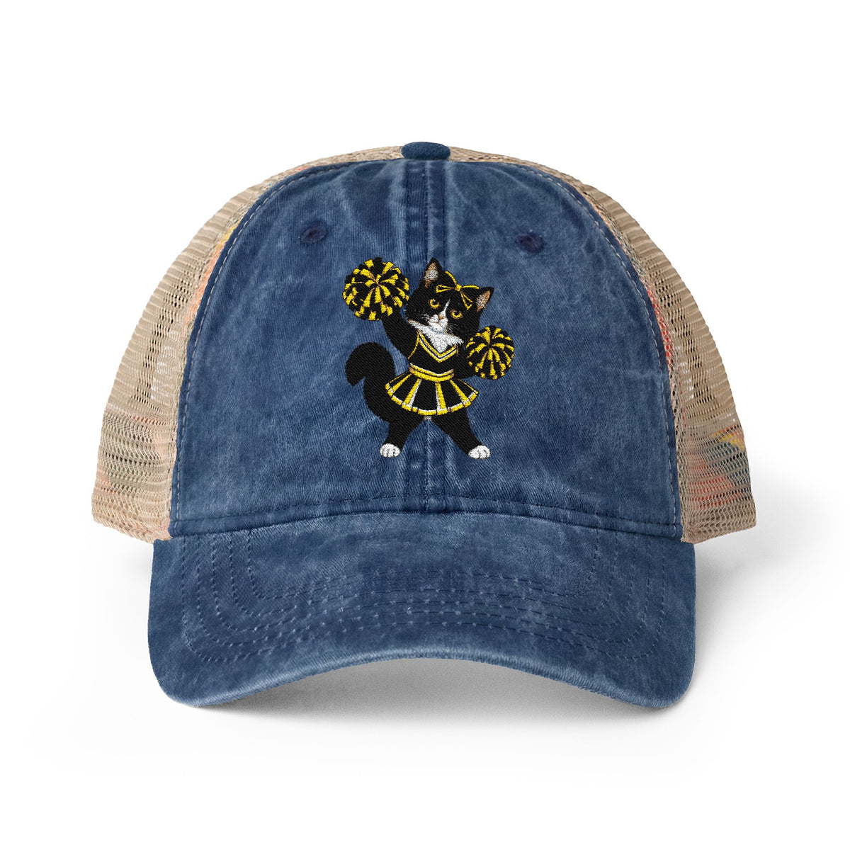 Tuxedo Cat embroidered Women's Washed Mesh-Back Cap