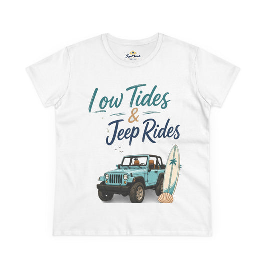Low Tides & Jeep Rides Women's Tee — Beachy Surf Jeep Graphic T-Shirt