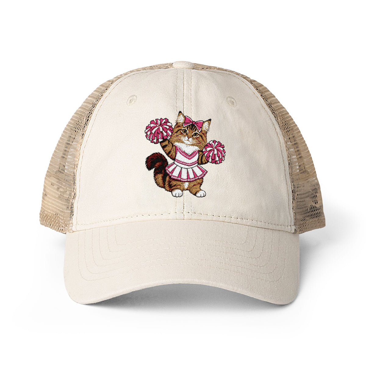 Cheerleader Cat Embroidered Women's Washed Mesh-Back Cap