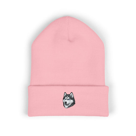Siberian Husky Embroidered Beanie | Cuffed Knit Hat