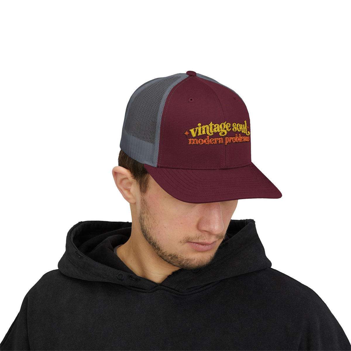 Vintage Soul modern problems Trucker Cap | Retro Script Embroidery