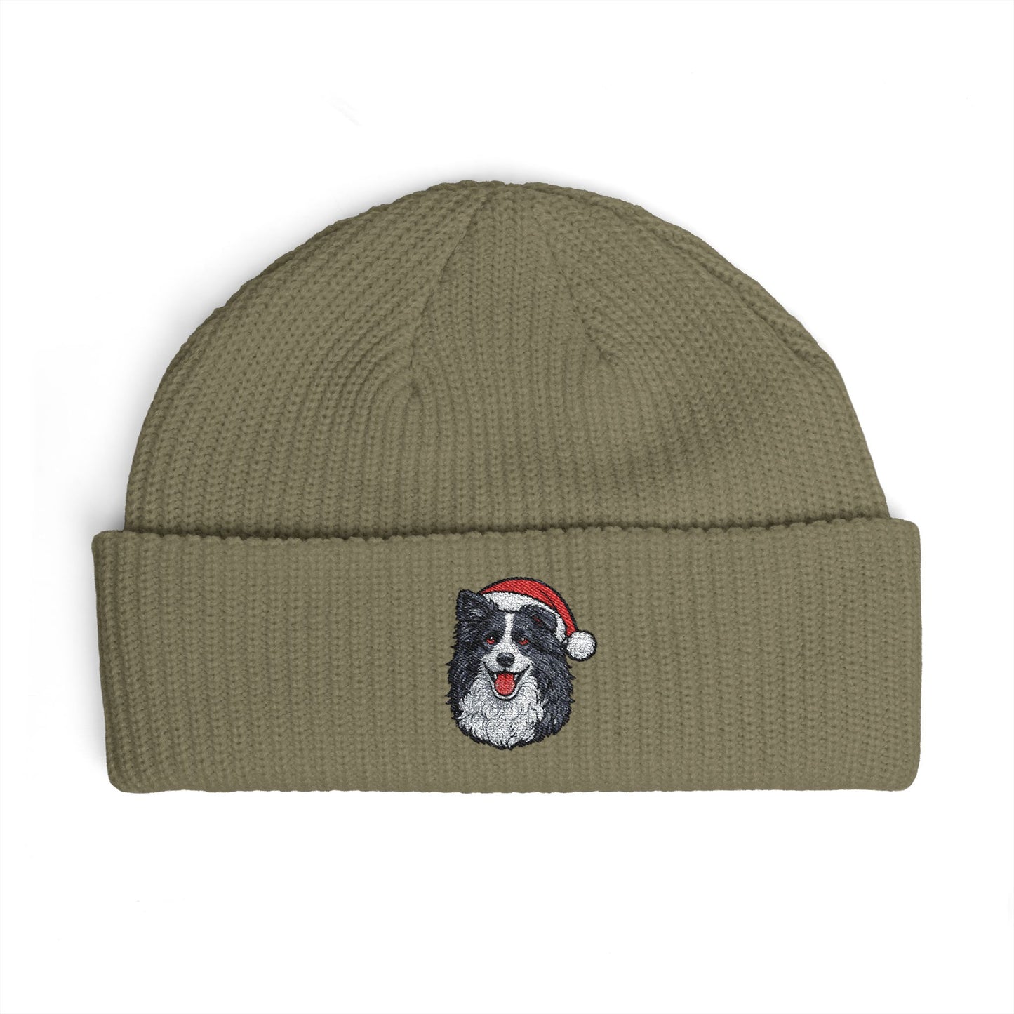 Cuffed Beanie — Embroidered Border Collie Dog in Santa Hat Winter cap