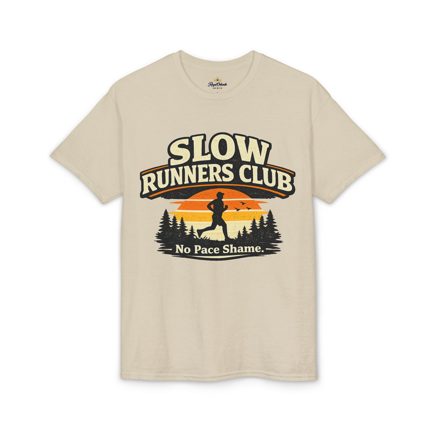 Slow Runners Club No Pace Shame T-Shirt | Retro Sunset Trail Running Shirt