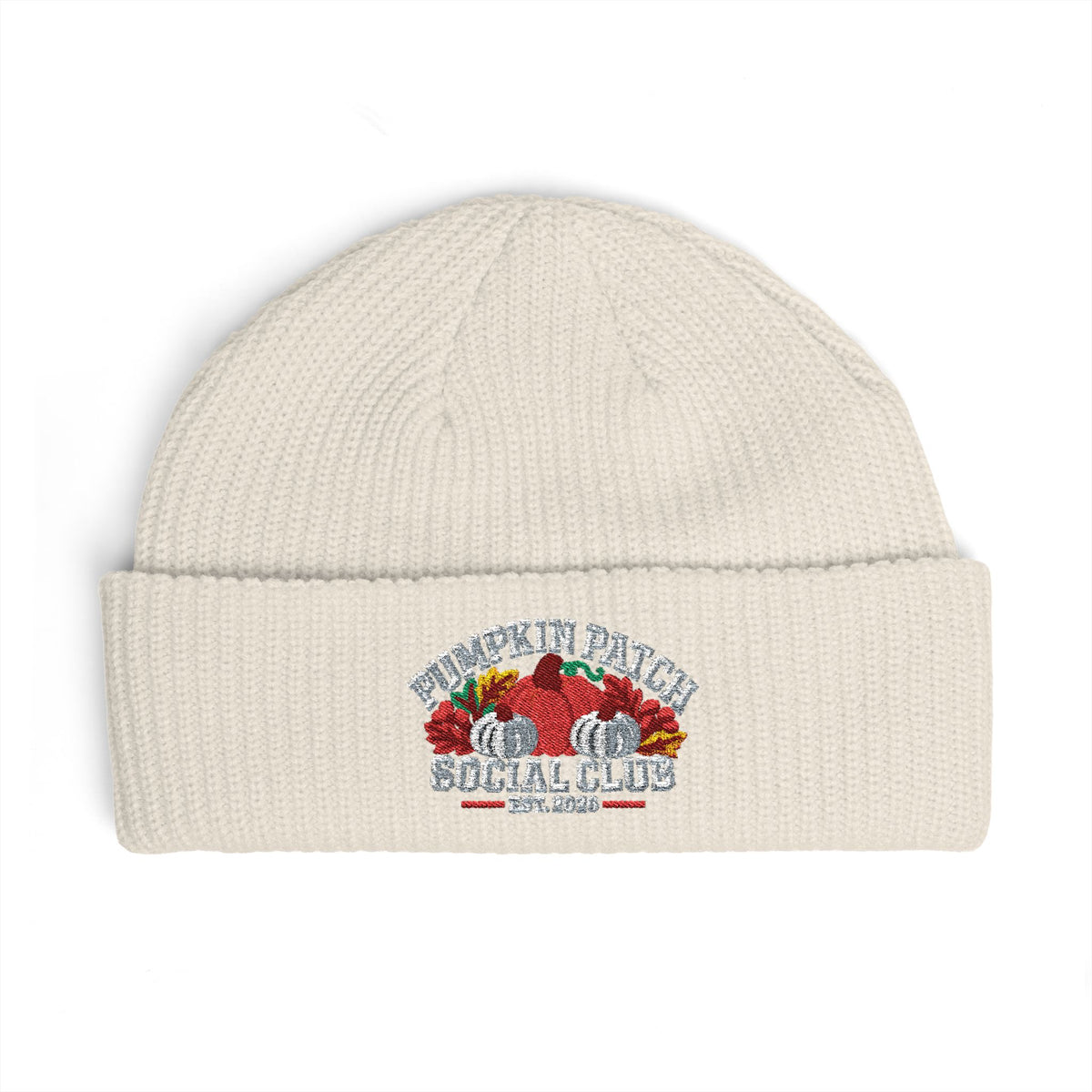 Pumpkin Patch Social Club 2026 Embroidered Cuff Beanie — Fall Harvest Embroidered Knit Hat