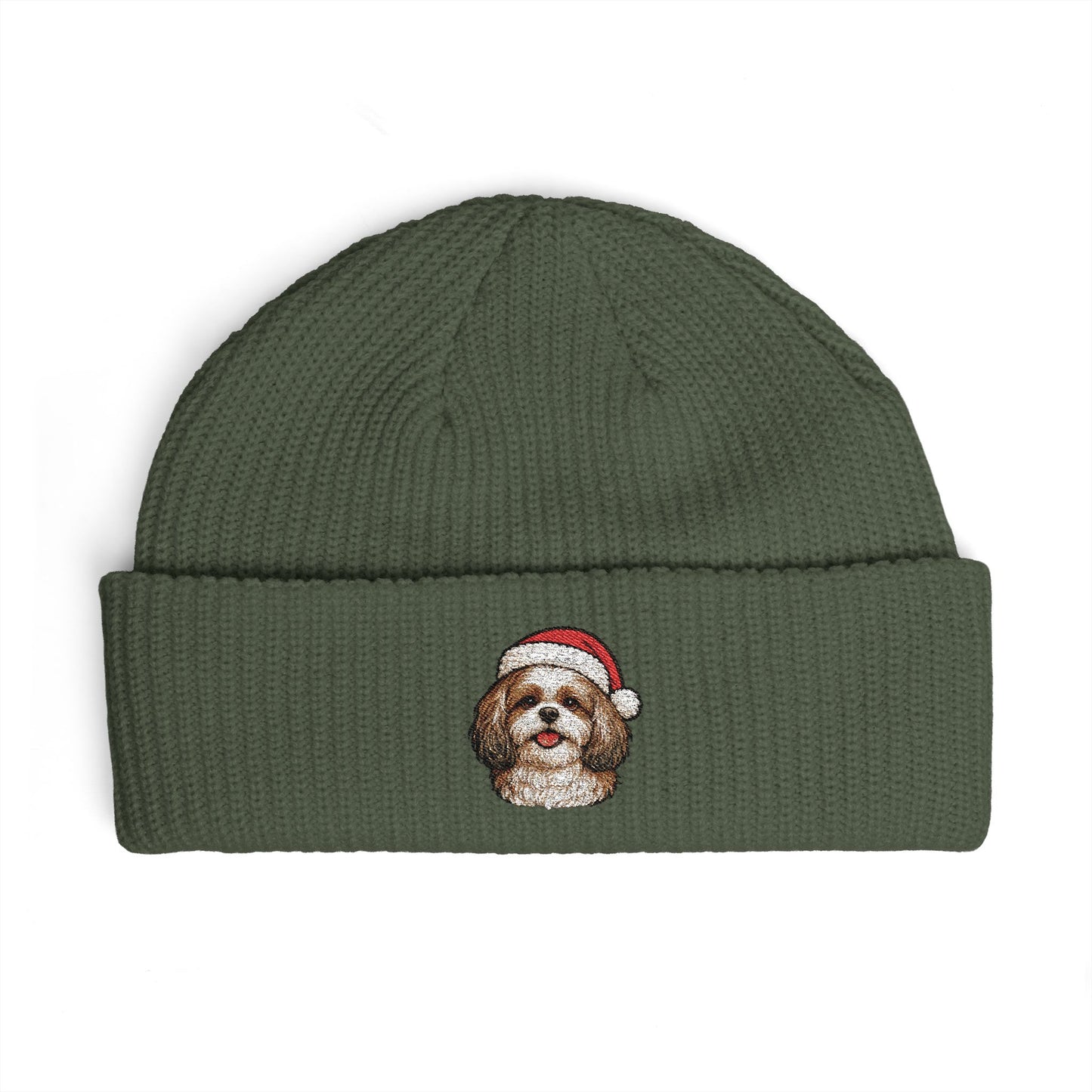 Cuffed Beanie — Embroidered ShihTzu Dog in Santa Hat Winter cap