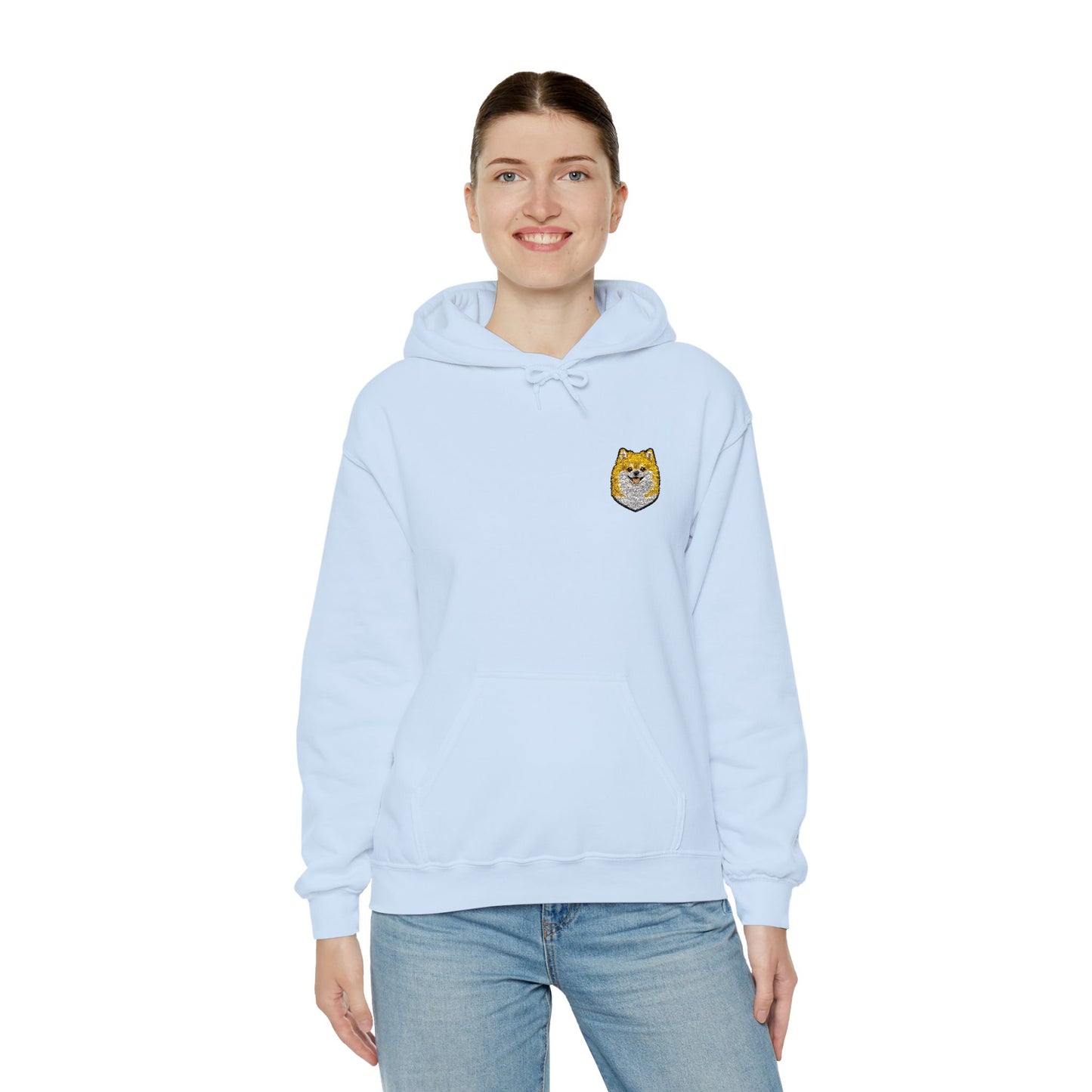 Pomeranian embroidered design on hooded sweatshirt