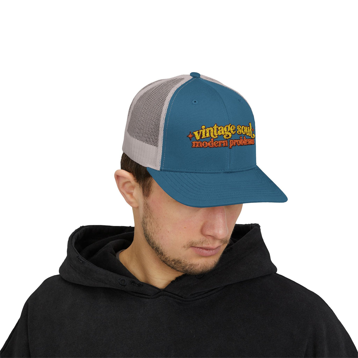 Vintage Soul modern problems Trucker Cap | Retro Script Embroidery