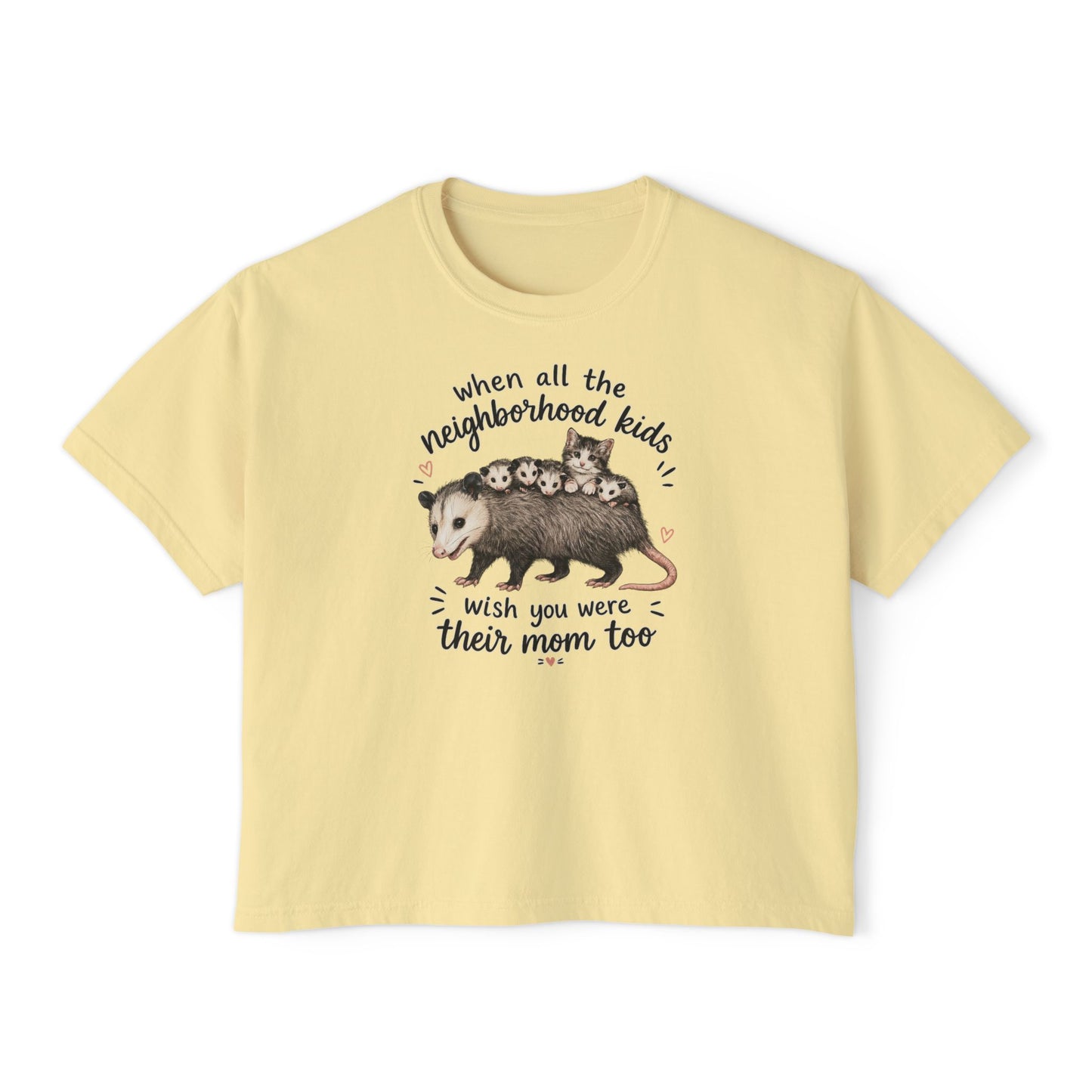 Women's Boxy Tee- Opossum and kitten neighborhood mom graphic