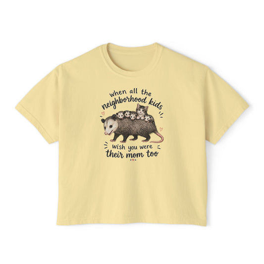 Women's Boxy Tee- Opossum and kitten neighborhood mom graphic