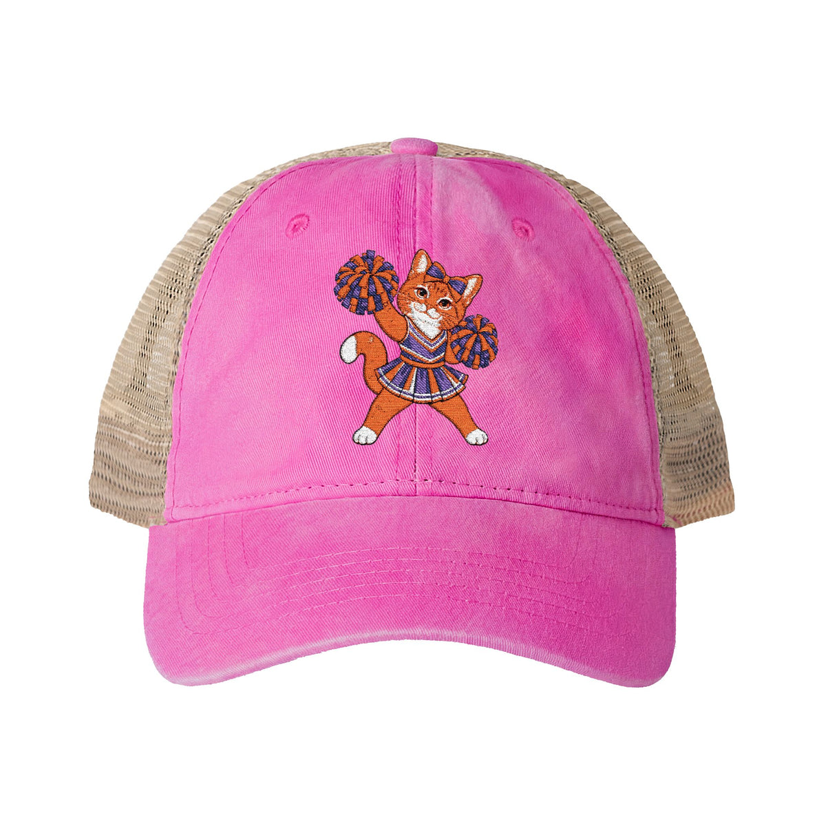Orange Cheer Cat Embroidered Women's Washed Mesh-Back Cap
