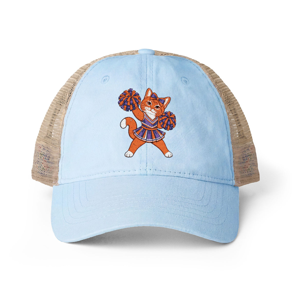 Orange Cheer Cat Embroidered Women's Washed Mesh-Back Cap