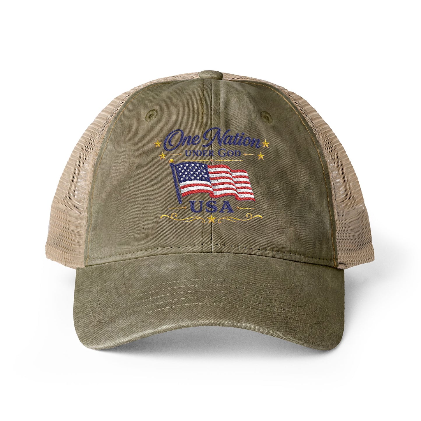 Women's Washed Mesh-Back Cap Embroidered "One Nation Under God" USA Flag - cool prints under bill of cap