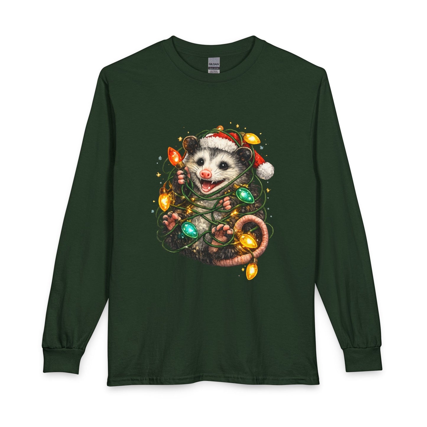 Christmas Opossum Long Sleeve Tee — Cute Opossum Wrapped in Holiday Lights