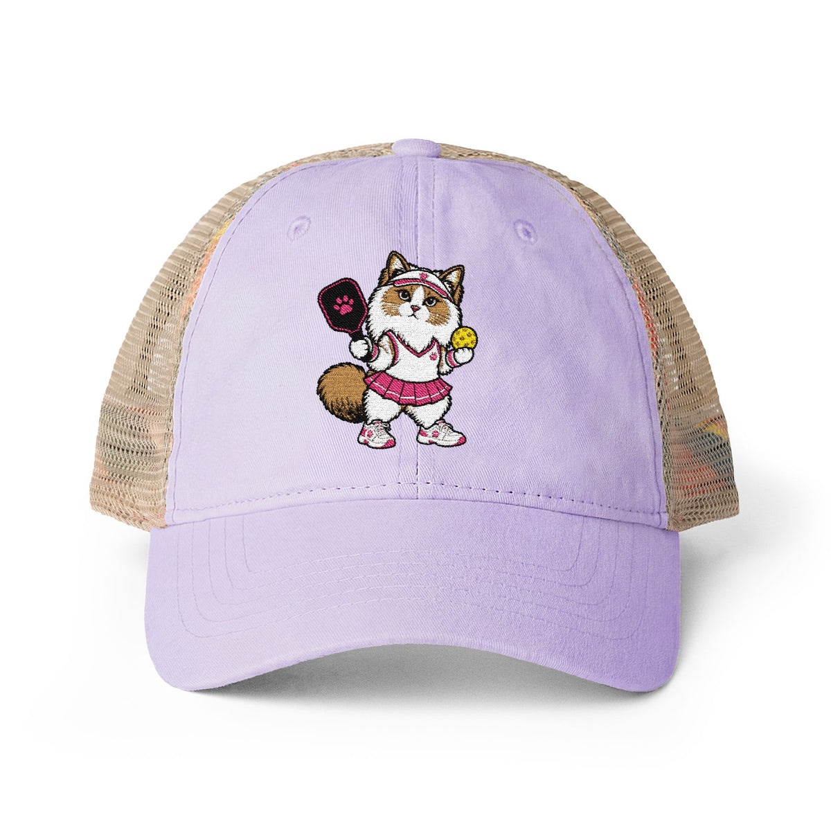 Pickleball Cat Embroidered Women's Washed Mesh-Back Cap
