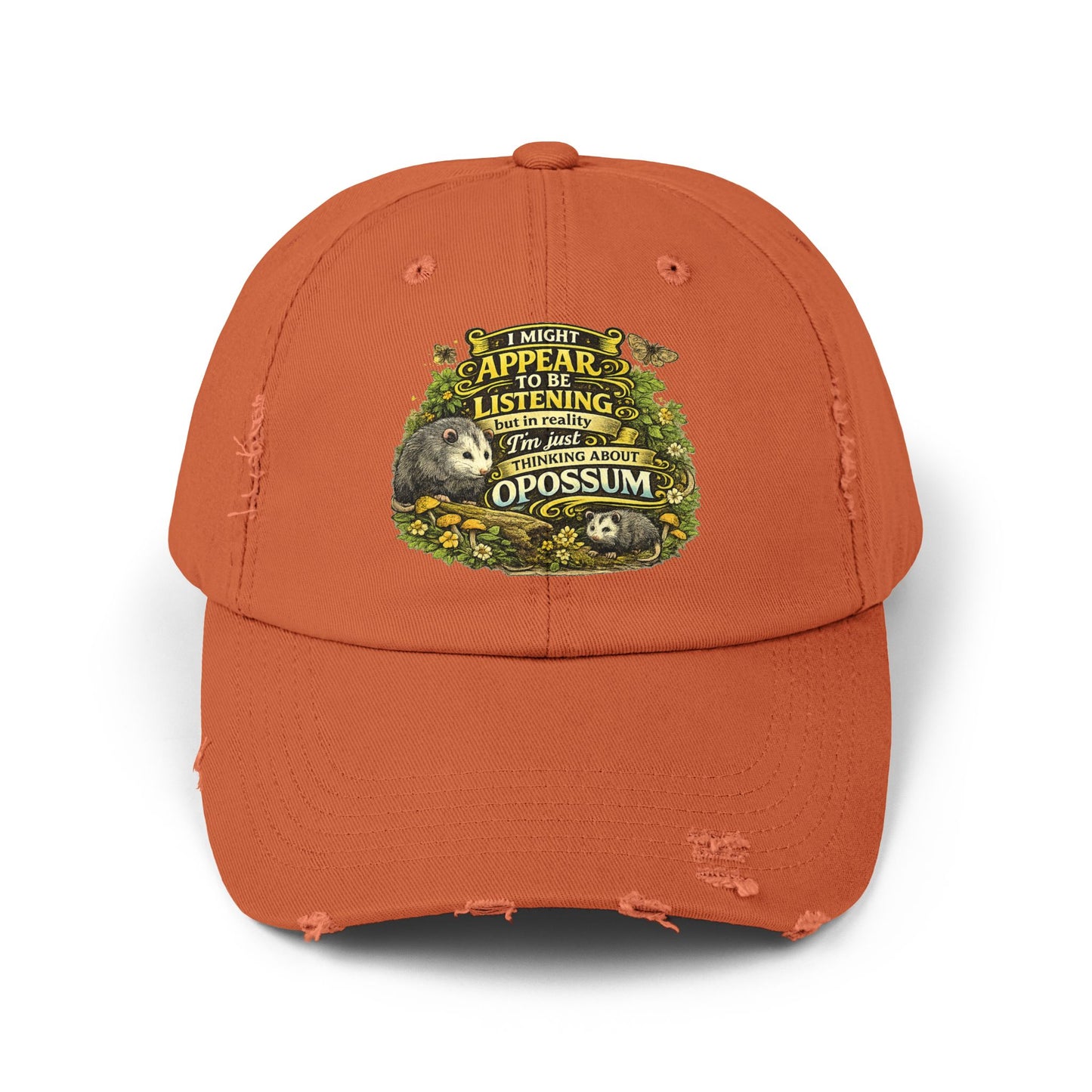 I Might Appear To Be Listening Cap | Opossum Illustration, Distressed Baseball Hat