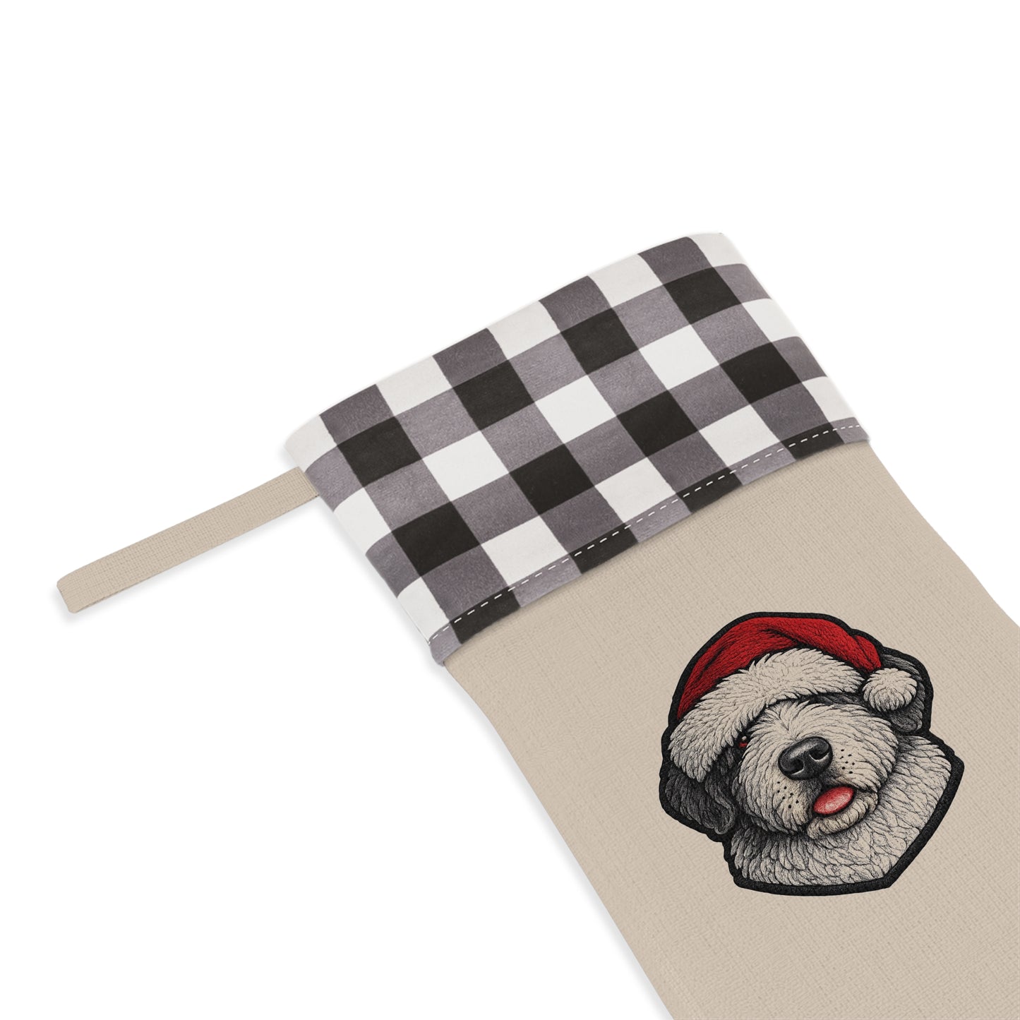 Buffalo Plaid Dog Portrait Christmas Stocking- Old English Sheepdog