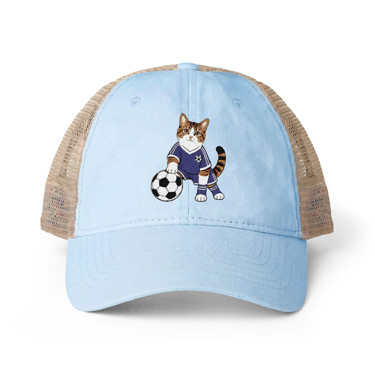Soccer Cat Embroidered Women's Washed Mesh-Back Cap