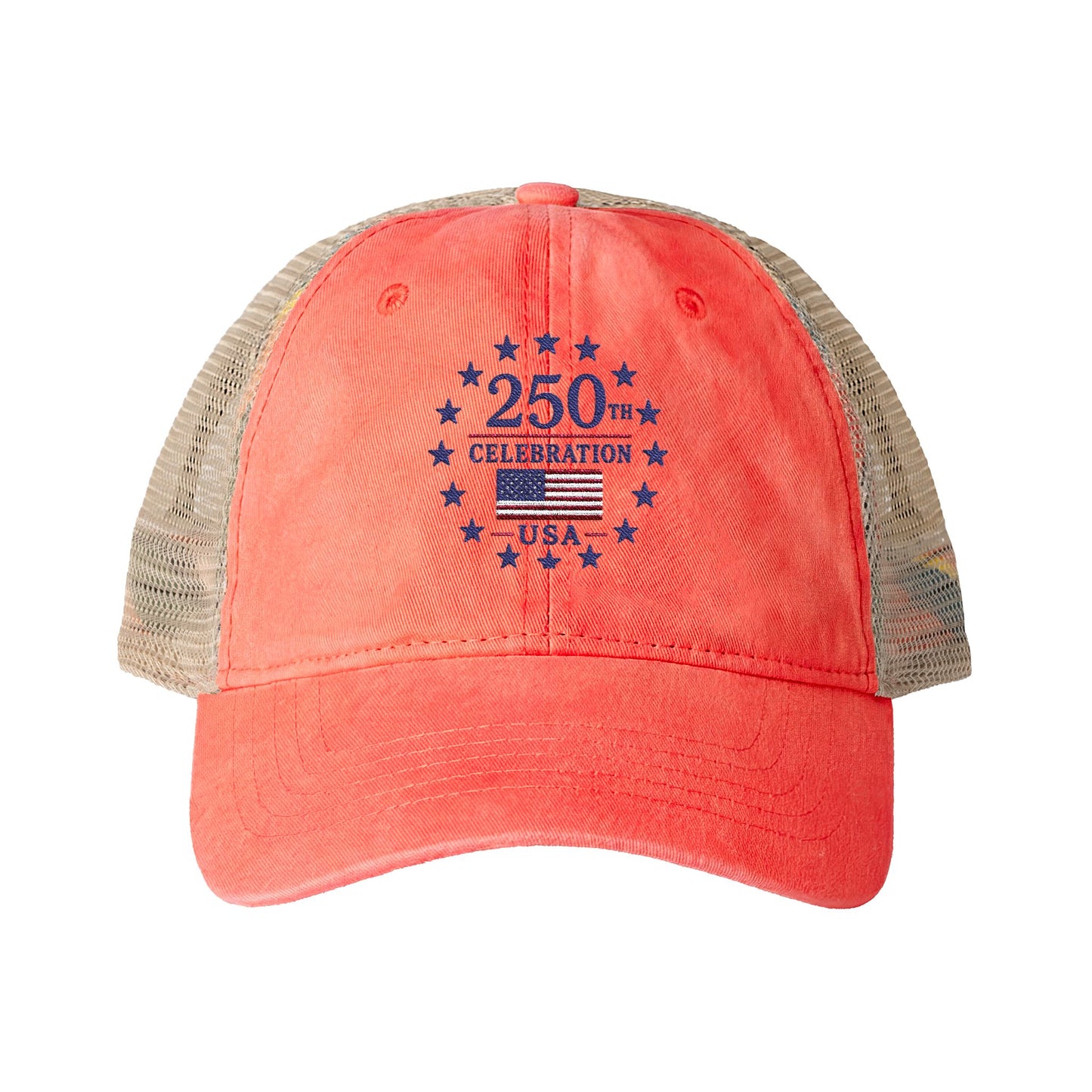 Women's Washed Mesh-Back Cap with print underneath bill embroidered USA 250th celebration various colors