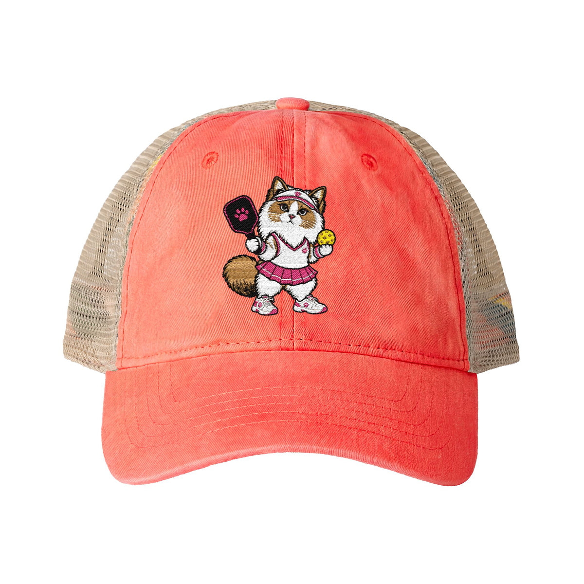 Pickleball Cat Embroidered Women's Washed Mesh-Back Cap