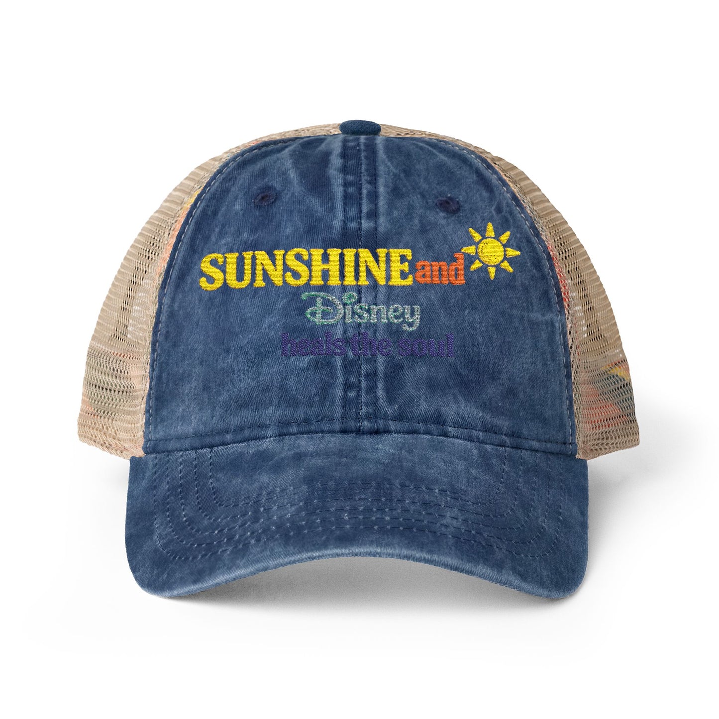 Women's Washed Mesh-Back Cap Embroidered Sunshine and Disney heals the soul solid print on front/pattern under visor