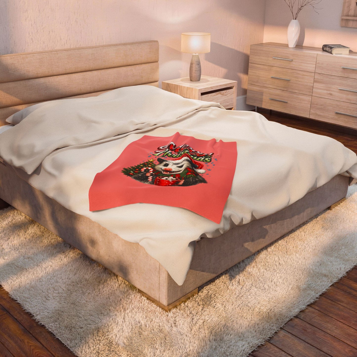 Merry Christmas Opossum Velveteen Plush Blanket