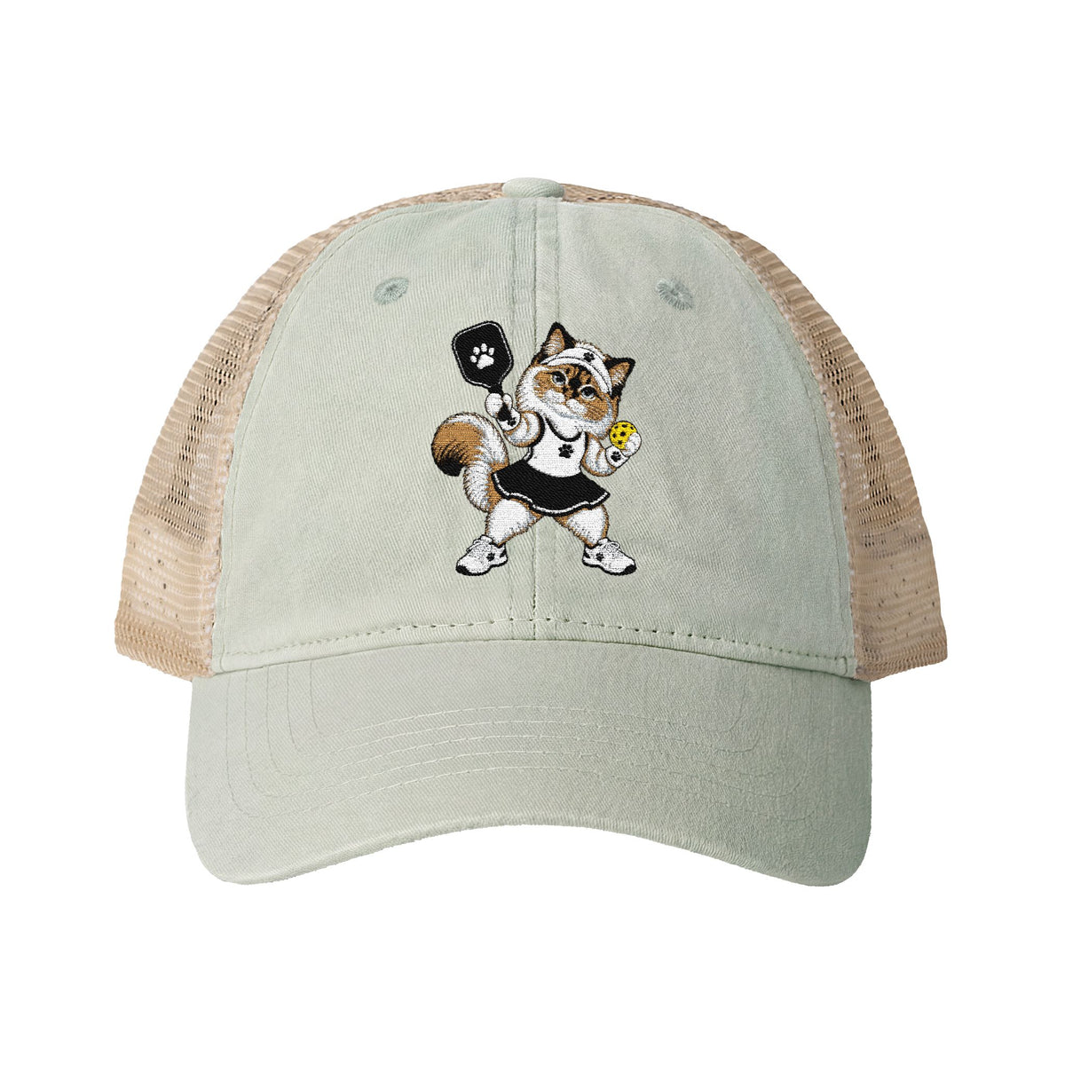 Pickleball Cat Embroidered Women's Washed Mesh-Back Cap
