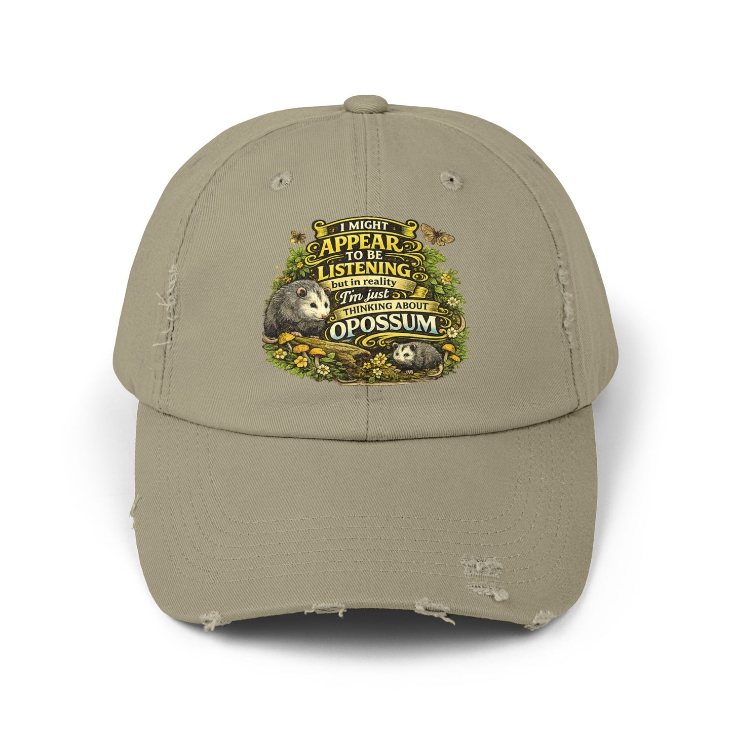 I Might Appear To Be Listening Cap | Opossum Illustration, Distressed Baseball Hat
