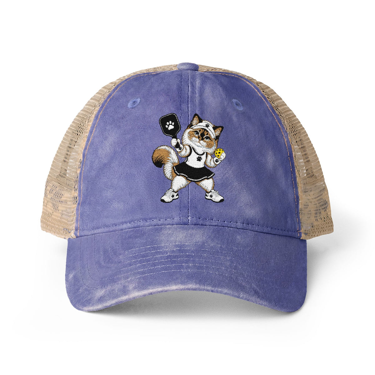 Pickleball Cat Embroidered Women's Washed Mesh-Back Cap