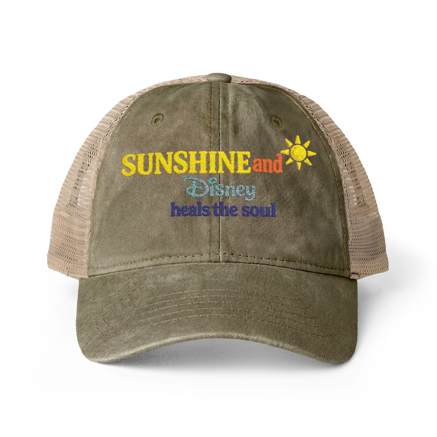 Women's Washed Mesh-Back Cap Embroidered Sunshine and Disney heals the soul solid print on front/pattern under visor