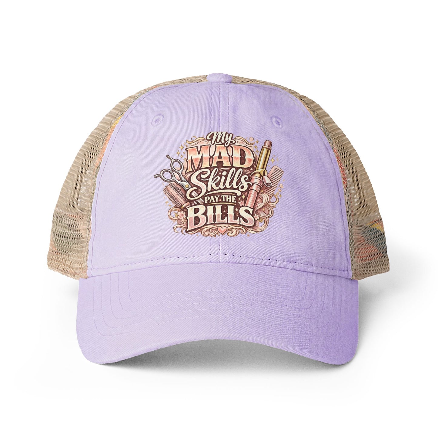 Mesh-Back Cap with surprise print under visor/ My Mad Skills Pay the Bills hairstylist
