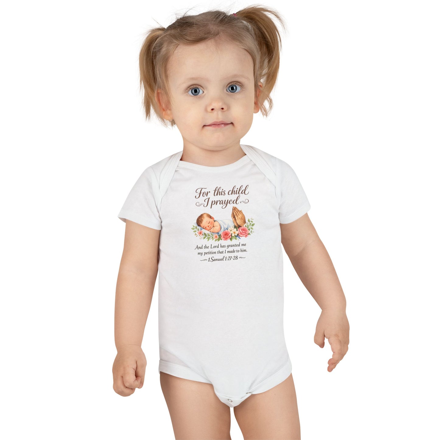Baby Bodysuit – “For This Child I Prayed” Floral Scripture Organic Onesie
