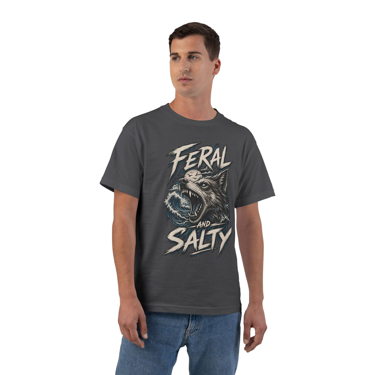 Feral and Salty Wolf Ocean T-Shirt — Graphic Animal Tee for Outdoor & Casual Wear