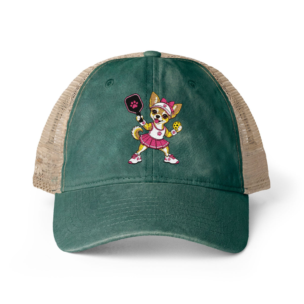 Pickleball Chihuahua Embroidered Women's Washed Mesh-Back Cap