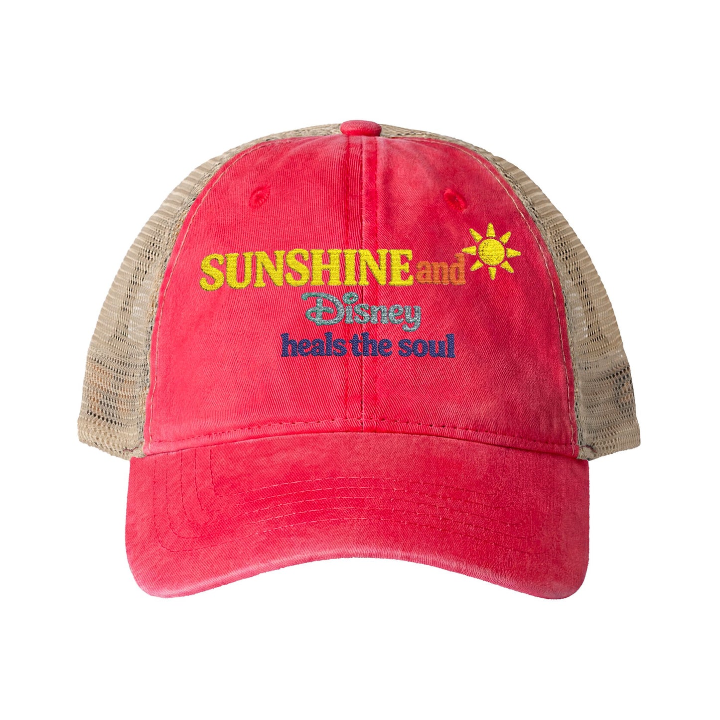 Women's Washed Mesh-Back Cap Embroidered Sunshine and Disney heals the soul solid print on front/pattern under visor