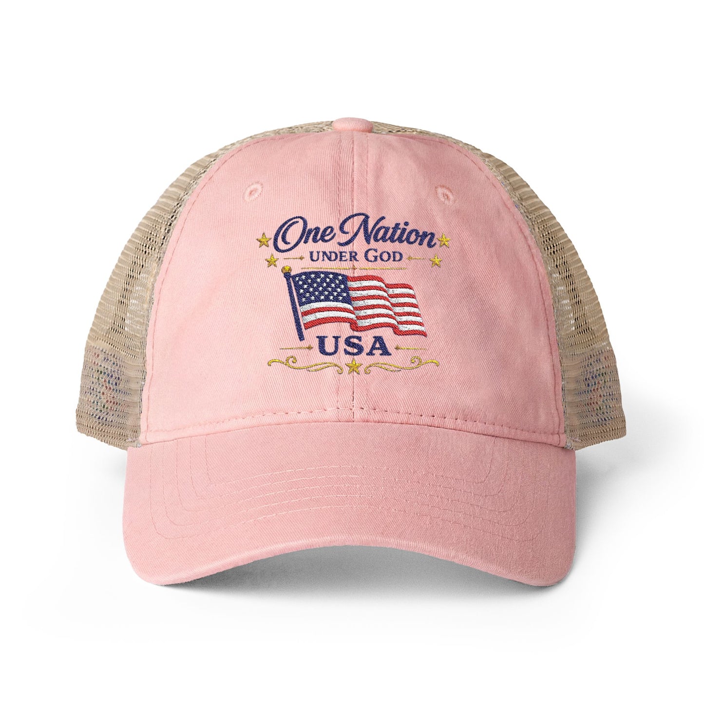 Women's Washed Mesh-Back Cap Embroidered "One Nation Under God" USA Flag - cool prints under bill of cap