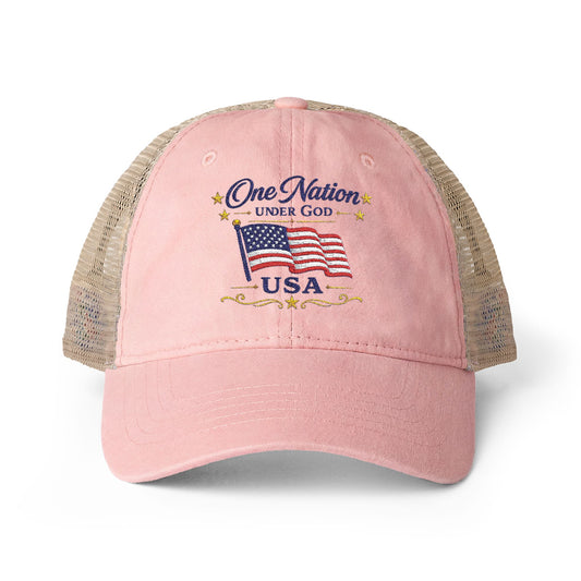 Women's Washed Mesh-Back Cap Embroidered "One Nation Under God" USA Flag - cool prints under bill of cap